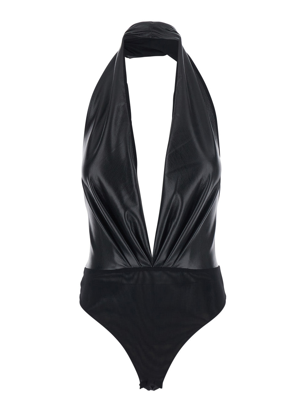 The Andamane Women 'Sendaya' Black Bodysuit With Deep V-Neck And Open Back In Ecoleather Black Women