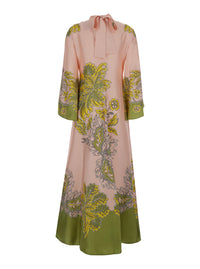 La Doublej Women 'Magnifico' Pink Long Dress With Bow On The Back And All-Over Floral Print In Silk For Women