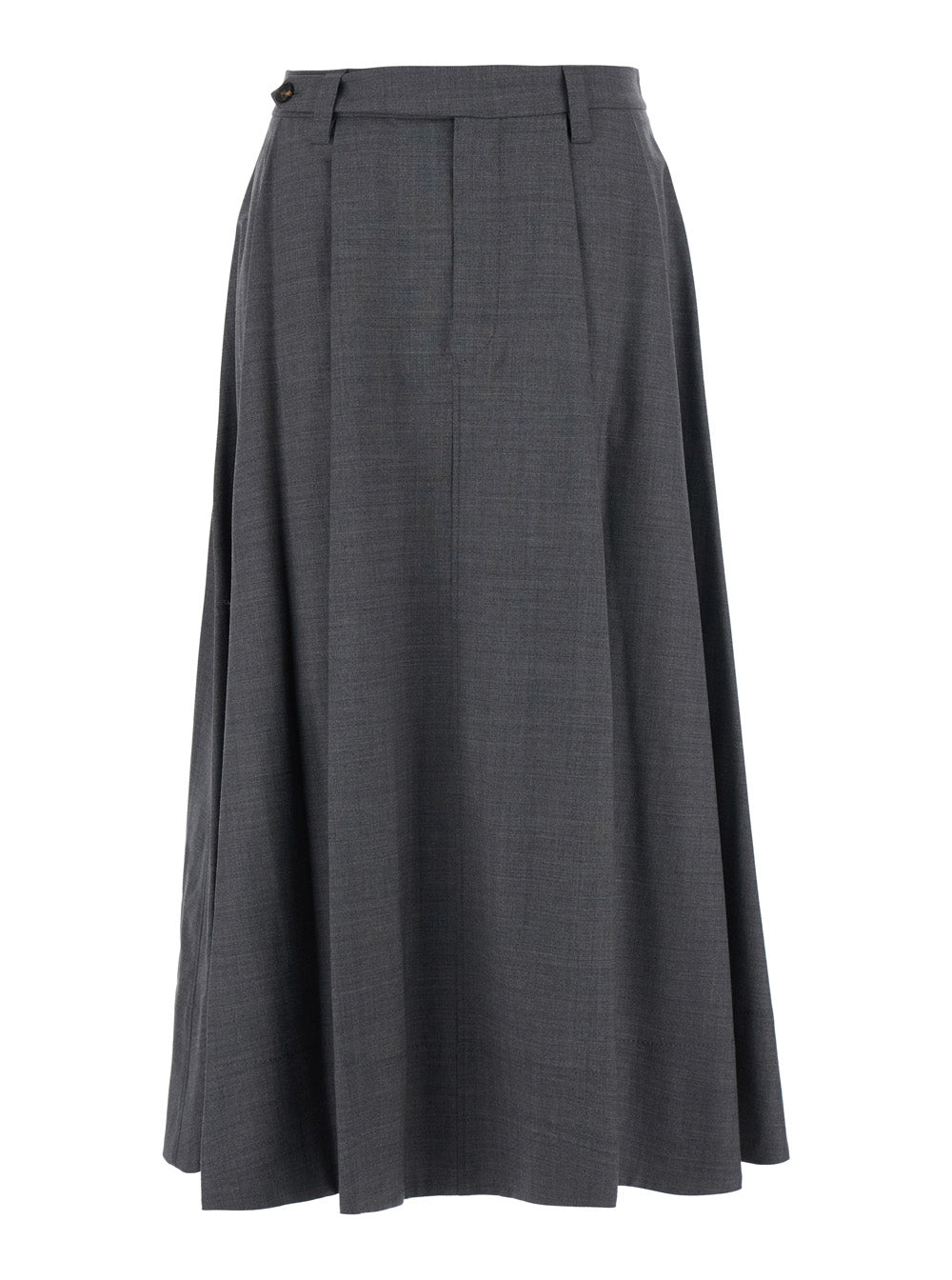 Brunello Cucinelli Women Grey Midi Skirt With Button Closure On The Side And Monil Detail On The Belt Loops In Wool Blend For Women