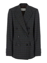 Dries Van Noten Women 'Barrysta' Brown Double-Breasted Jacket With Peak Revers And Check Motif All-Over In Wool For Women