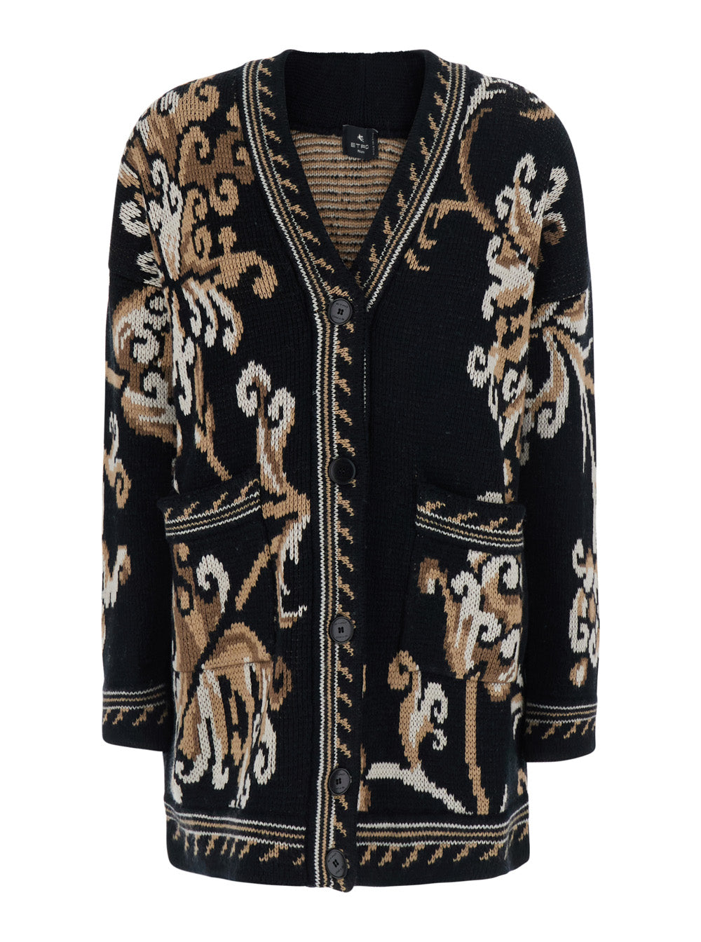 Etro Women Black Cardigan With All-Over Embroidery And V-Neck In Wool For Women