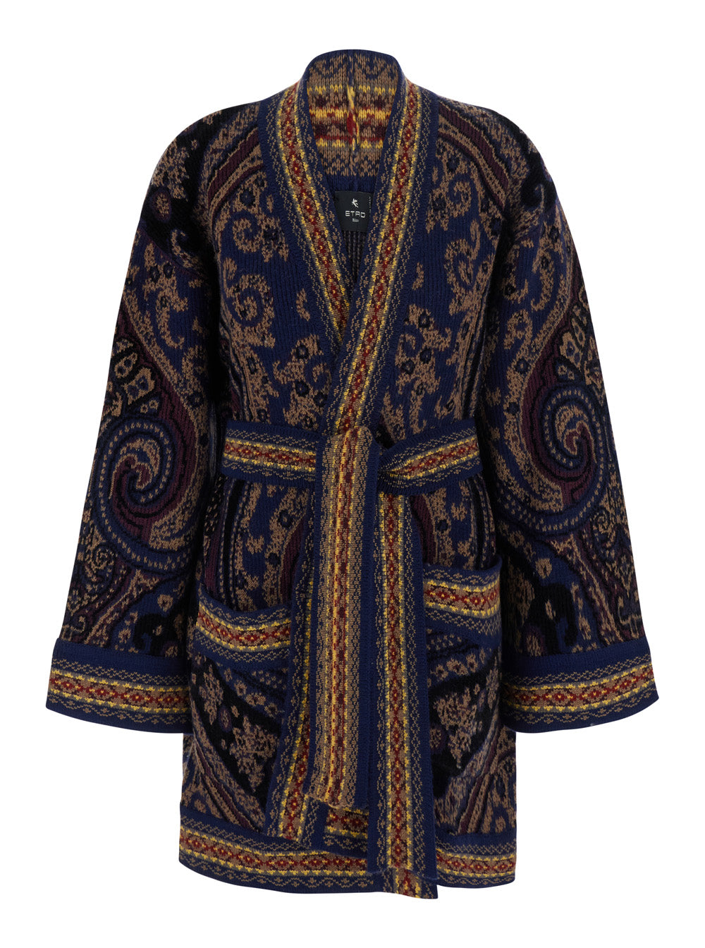Etro Women Multicolor Cardigan With Belt On The Front And All-Over Geometric Embroidery In Wool Blend For Women