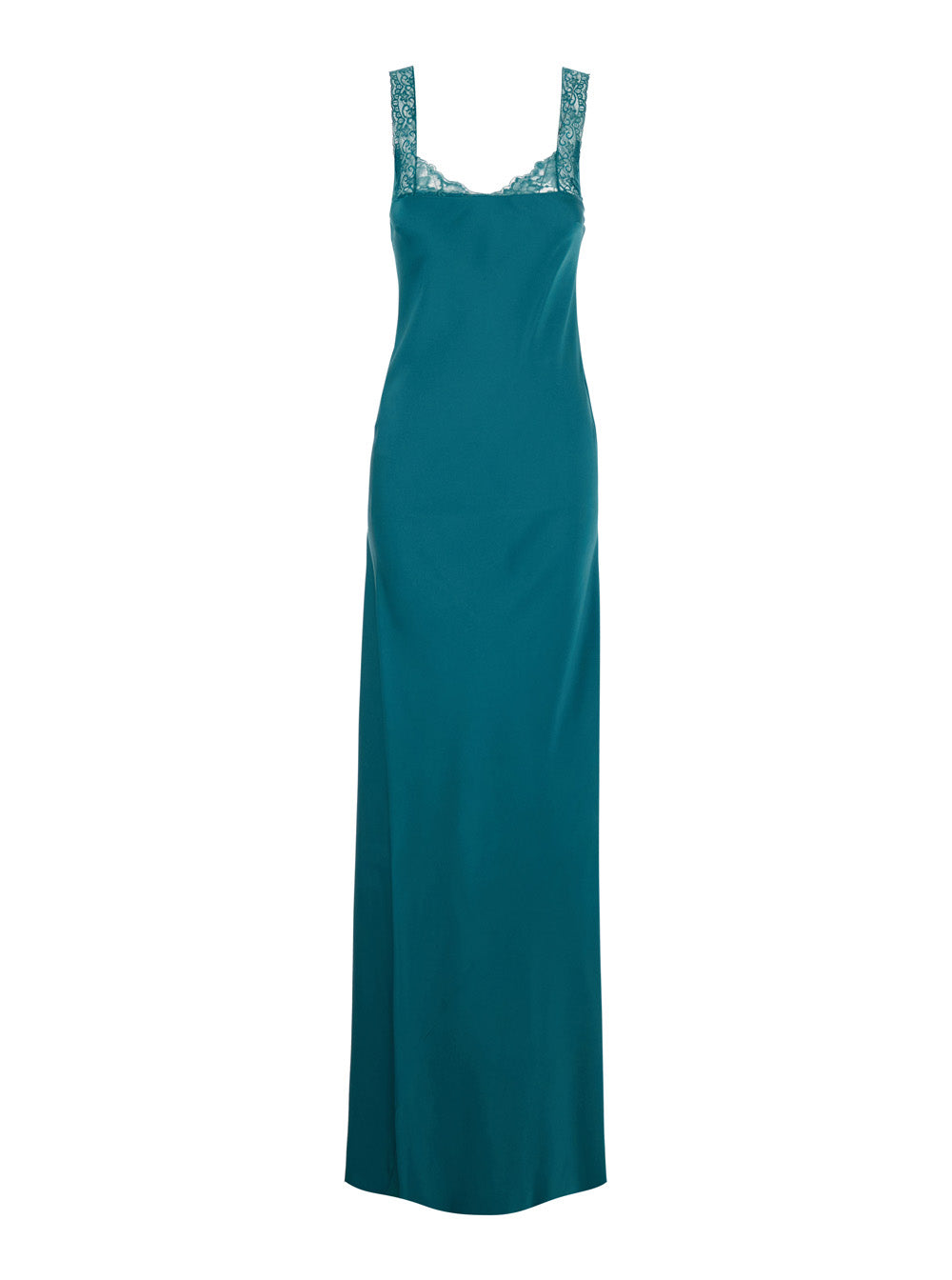 Forte_Forte Women Blue Long Dress With Fixed Straps And Lace Detail On Straps And Neck In Blend Viscose For Women