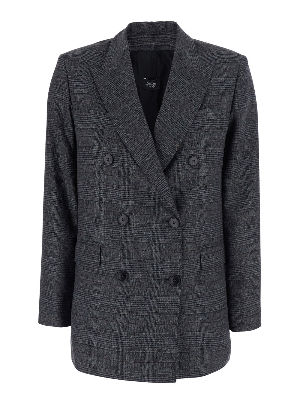Leplain Women Grey Double-Breasted Jacket With Peak Revers And Check Motif All-Over In Wool Blend For Women