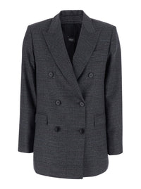Leplain Women Grey Double-Breasted Jacket With Peak Revers And Check Motif All-Over In Wool Blend For Women