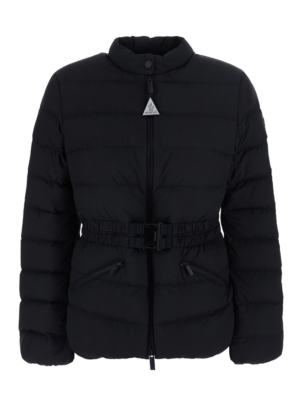 Moncler Women 'Esthetique' Black Down Jacket With Waist Belt And Logo Patch On The Sleeve In Tech Fabric For Women