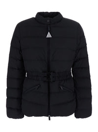 Moncler Women 'Esthetique' Black Down Jacket With Waist Belt And Logo Patch On The Sleeve In Tech Fabric For Women