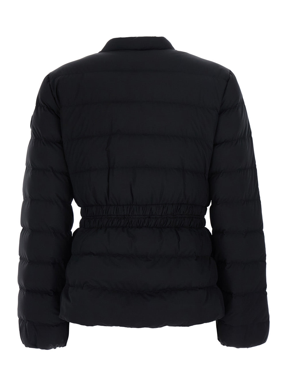 Moncler Women 'Esthetique' Black Down Jacket With Waist Belt And Logo Patch On The Sleeve In Tech Fabric For Women
