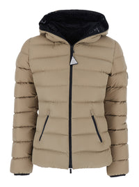 Moncler Women 'Herbes' Beige Down Jacket With Hood And Logo Patch On The Sleeve In Tech Fabric For Women
