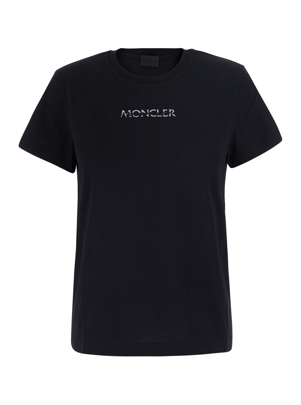 Moncler Women Black Crew Neck T-Shirt With Logo Lettering On The Front And Logo Patch On The Sleeve In Cotton For Women
