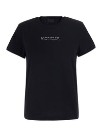 Moncler Women Black Crew Neck T-Shirt With Logo Lettering On The Front And Logo Patch On The Sleeve In Cotton For Women