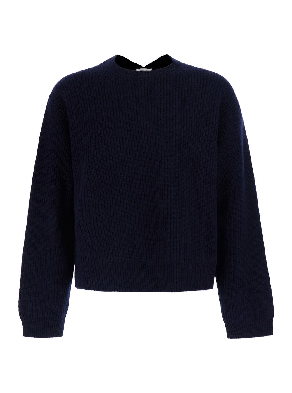 Saint Laurent Men Blue Sweater With Round Neck And V-Neck On The Back In Ribbed Wool For Men