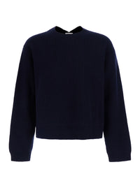 Saint Laurent Men Blue Sweater With Round Neck And V-Neck On The Back In Ribbed Wool For Men
