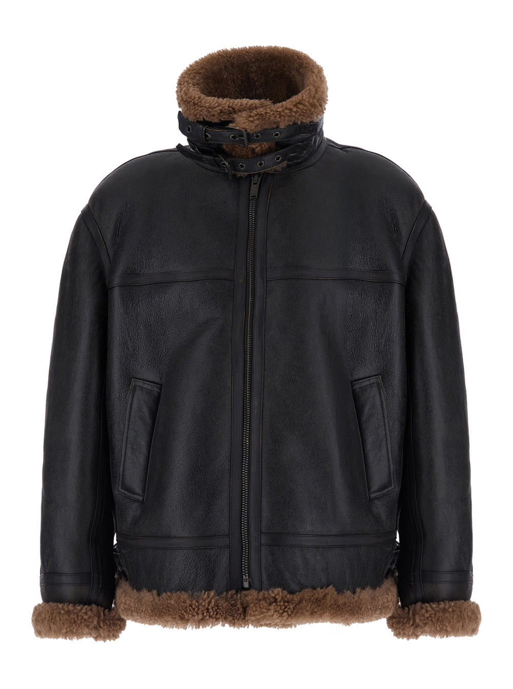 Saint Laurent Men Brown Jacket With Removable Collar And Shearling Lining In Leather For Men