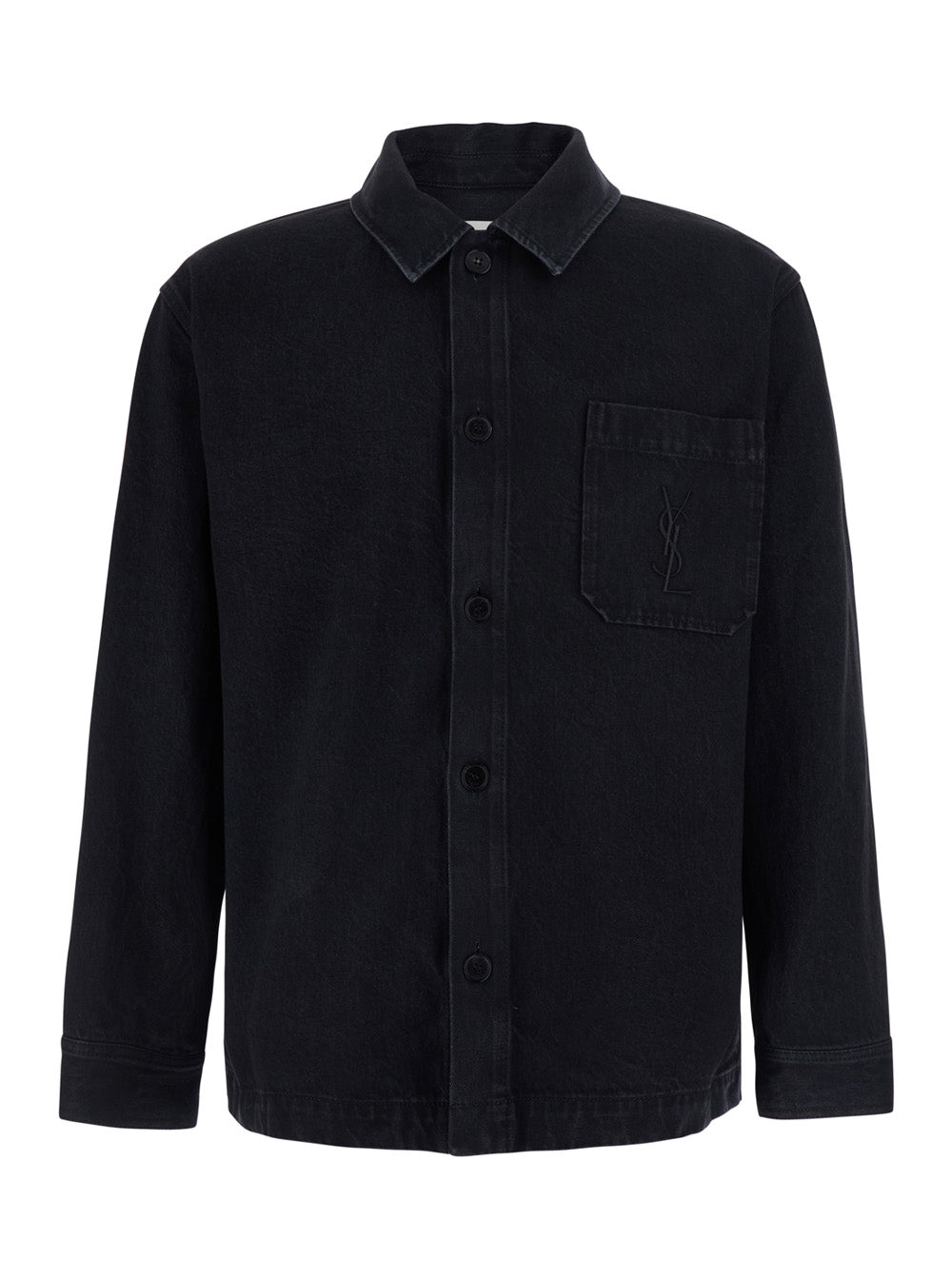 Saint Laurent Men Black Shirt With Classic Collar And Cassandre Embroidery On The Front In Cotton For Men