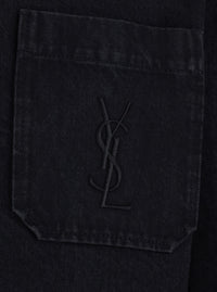 Saint Laurent Men Black Shirt With Classic Collar And Cassandre Embroidery On The Front In Cotton For Men
