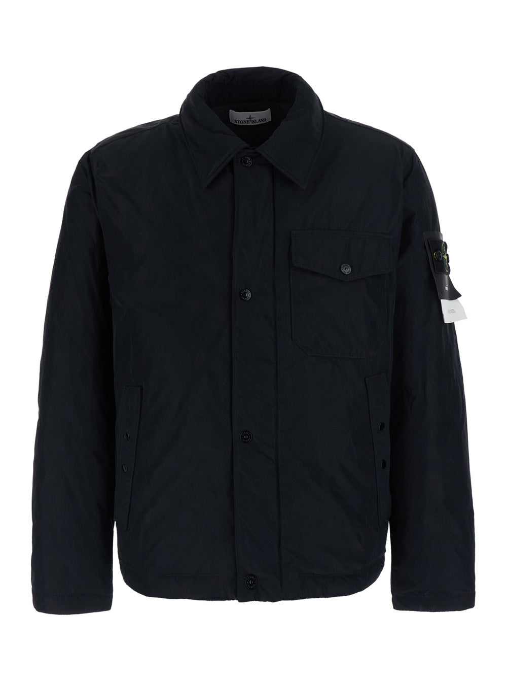 Stone Island Men Black Jacket With Classic Collar And Logo Patch On The Sleeve In Tech Fabric For Men
