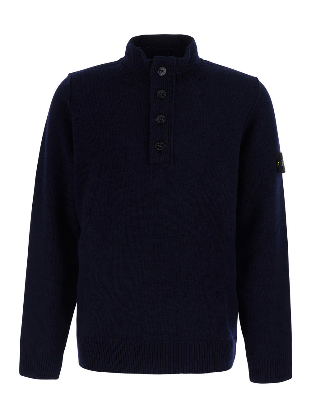 Stone Island Men Blue High-Neck Sweater With Front Buttons And Logo Patch On The Sleeve In Wool For Men