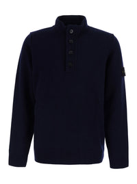 Stone Island Men Blue High-Neck Sweater With Front Buttons And Logo Patch On The Sleeve In Wool For Men