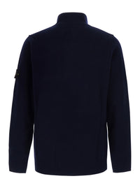Stone Island Men Blue High-Neck Sweater With Front Buttons And Logo Patch On The Sleeve In Wool For Men