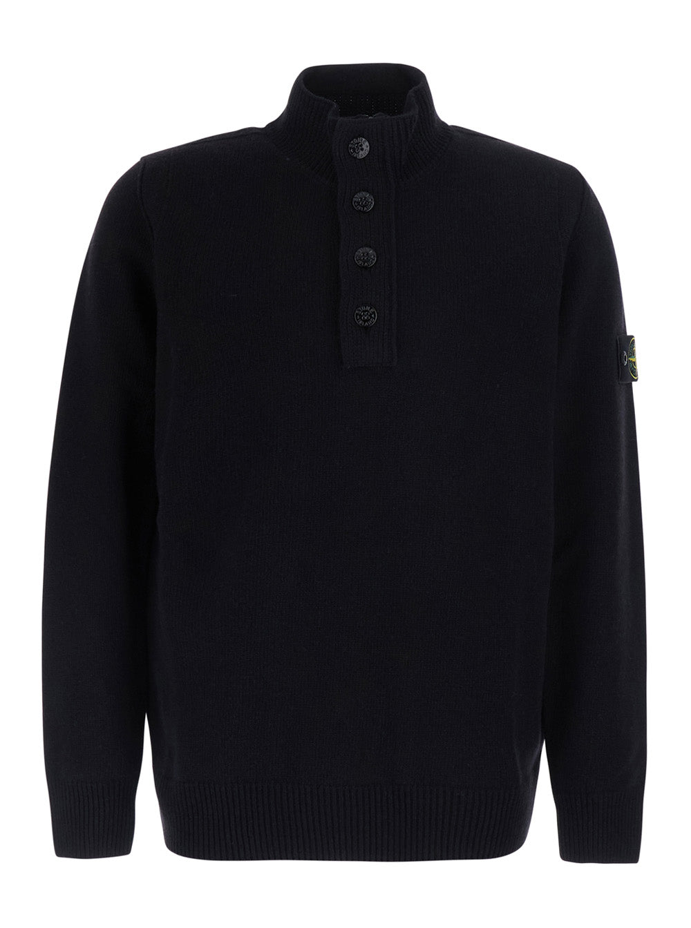 Stone Island Men Black High-Neck Sweater With Front Buttons And Logo Patch On The Sleeve In Wool For Men