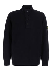 Stone Island Men Black High-Neck Sweater With Front Buttons And Logo Patch On The Sleeve In Wool For Men