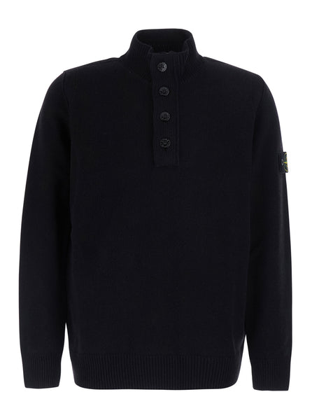 Stone Island Men Black High-Neck Sweater With Front Buttons And