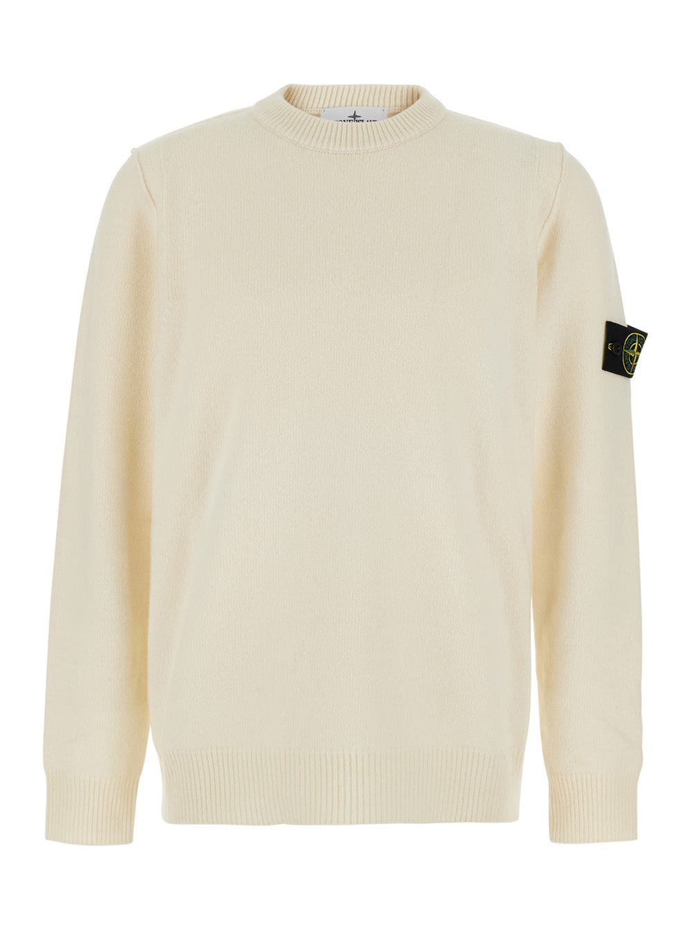 Stone Island Men White Crewneck Sweater With Logo Patch On The Sleeve In Wool For Men
