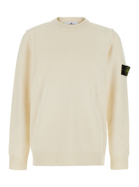 Stone Island Men White Crewneck Sweater With Logo Patch On The Sleeve In Wool For Men