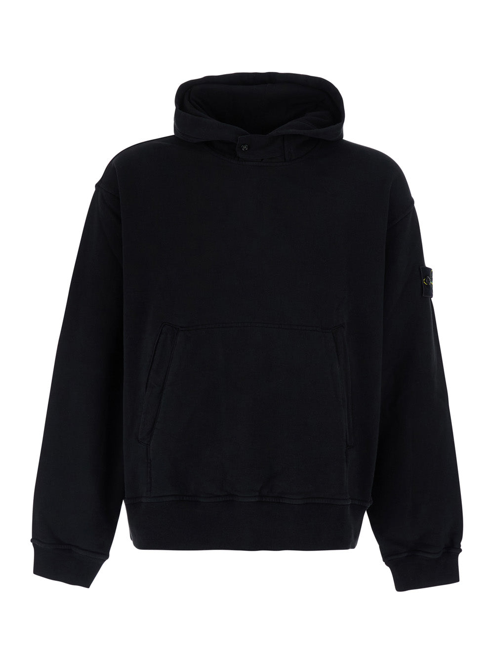 Stone Island Men Black Hoodie With Fixed Hood And Logo Patch On The Sleeve In Cotton For Men