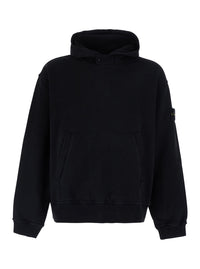 Stone Island Men Black Hoodie With Fixed Hood And Logo Patch On The Sleeve In Cotton For Men