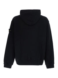 Stone Island Men Black Hoodie With Fixed Hood And Logo Patch On The Sleeve In Cotton For Men