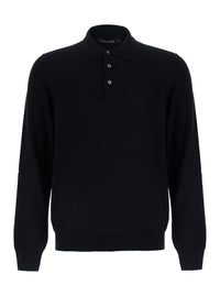 Tagliatore Men Black Sweater With Polo Style Collar In Wool Blend For Men