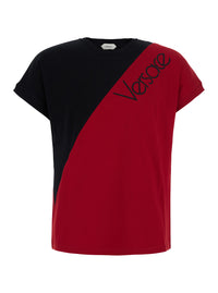 Versace Men Black And Red Color-Block T-Shirt With Logo Lettering On The Front In Stretch Cotton For Men