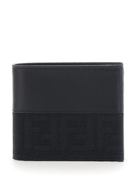 Fendi Men Dark Brown Bi-Fold Wallet With Ff Motif In Leather And Fabric For Men