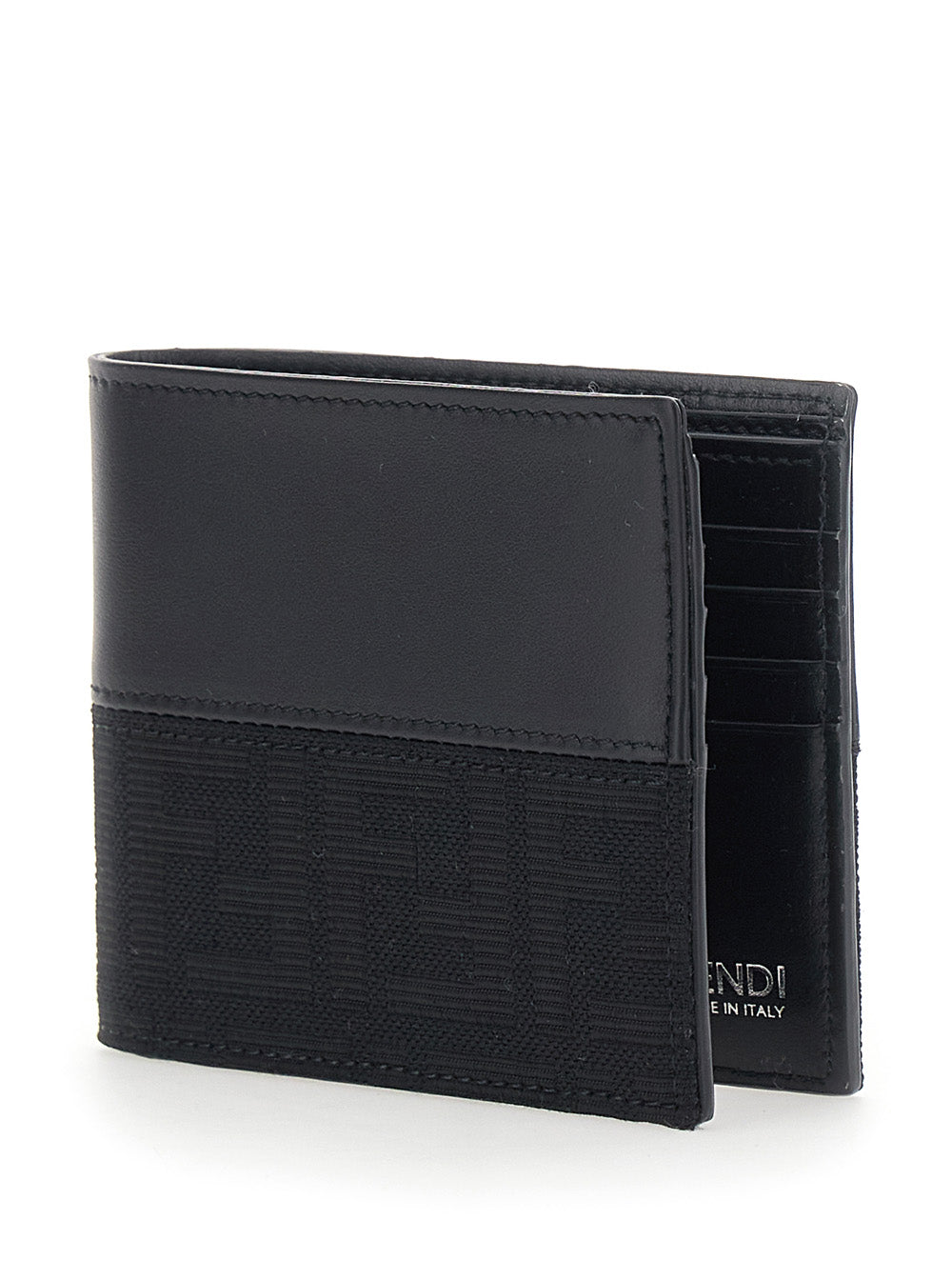 Fendi Men Dark Brown Bi-Fold Wallet With Ff Motif In Leather And Fabric For Men