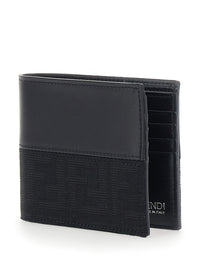 Fendi Men Dark Brown Bi-Fold Wallet With Ff Motif In Leather And Fabric For Men