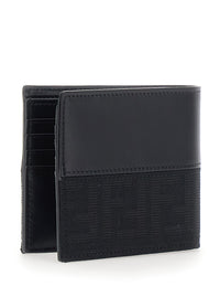 Fendi Men Dark Brown Bi-Fold Wallet With Ff Motif In Leather And Fabric For Men