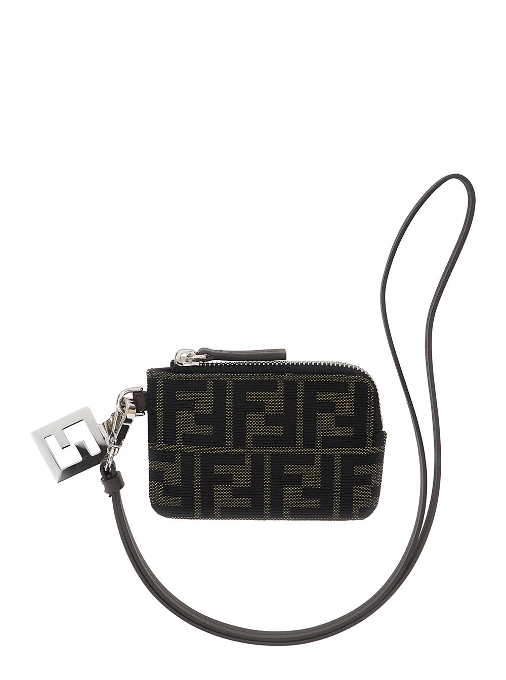 Fendi Men Brown Cardholder With Ff All-Over Motif In Leather And Fabric For Men