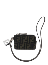 Fendi Men Brown Cardholder With Ff All-Over Motif In Leather And Fabric For Men