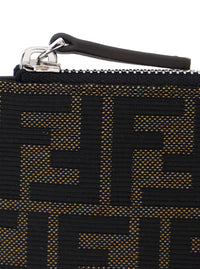 Fendi Men Brown Cardholder With Ff All-Over Motif In Leather And Fabric For Men