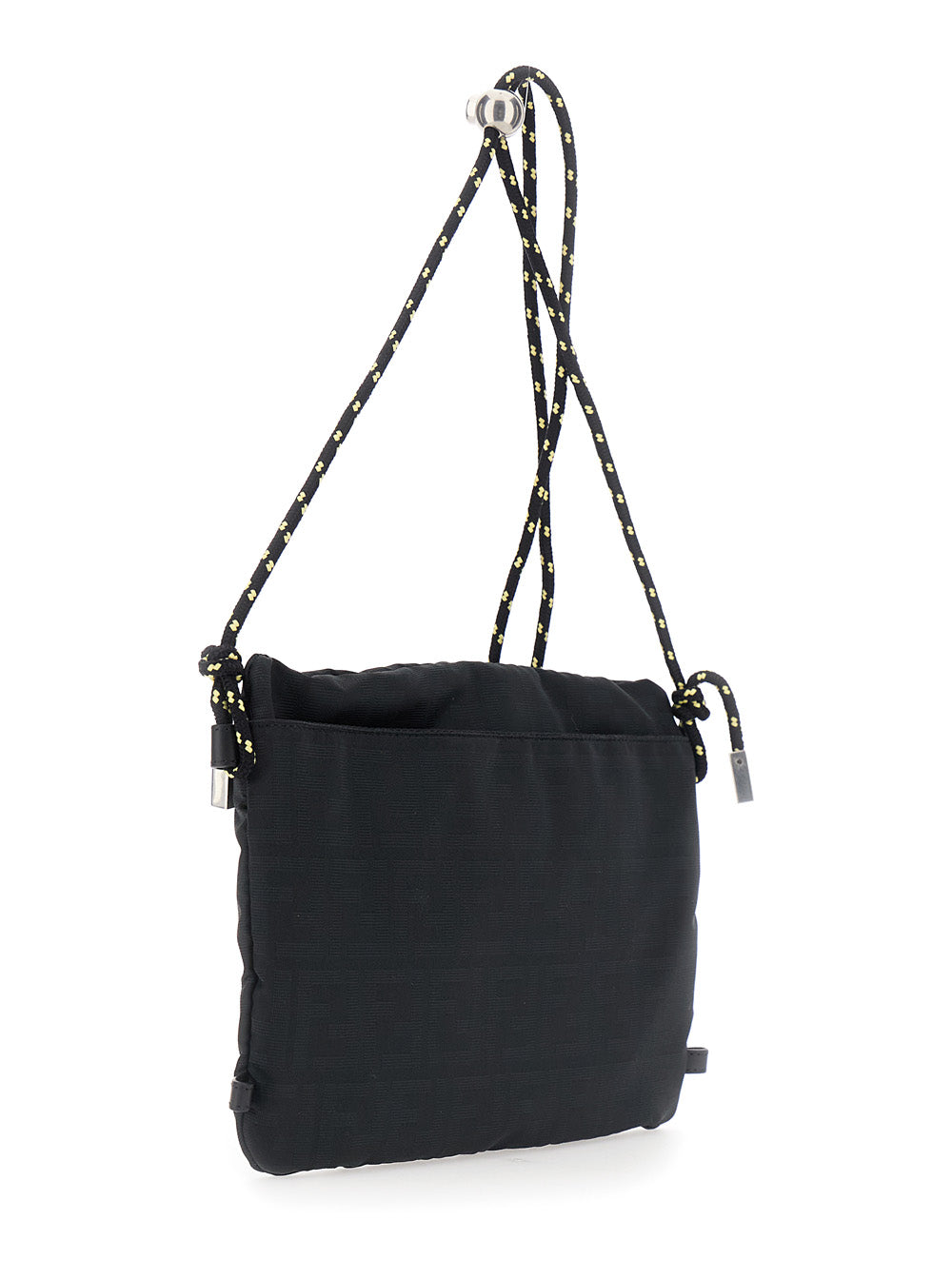 Fendi Men Black Pouch With Rope Shoulder Strap And Zip Pocket On The Front In Ff Canvas For Men