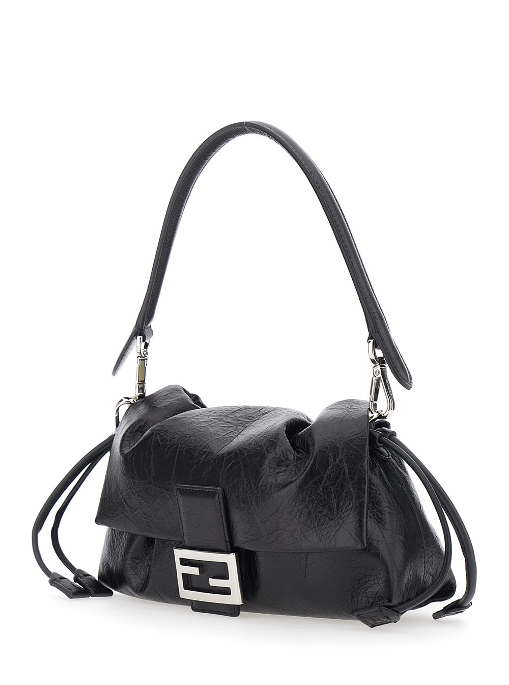 FENDI Fendi Women 'Baguette Soft' Black Medium Shoulder Bag With Ff Plate On The Front And Drawstring Closure In Leather For Women