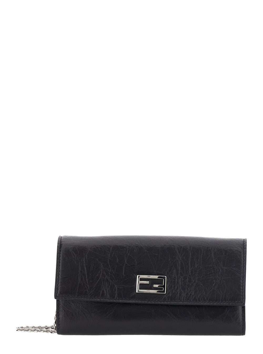 Fendi Women Black Crossbody Bag With Chain Strap And Ff Plate On The Front In Leather For Women