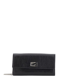 Fendi Women Black Crossbody Bag With Chain Strap And Ff Plate On The Front In Leather For Women