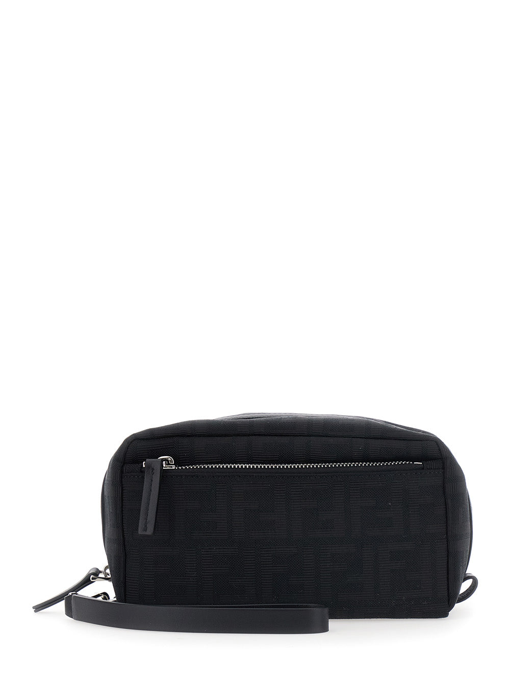 Fendi Men Black Clutch With Adjustable And Removable Shoulder Strap And Two Zip Pockets In Black Ff Canvas For Men
