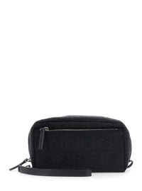 Fendi Men Black Clutch With Adjustable And Removable Shoulder Strap And Two Zip Pockets In Black Ff Canvas For Men