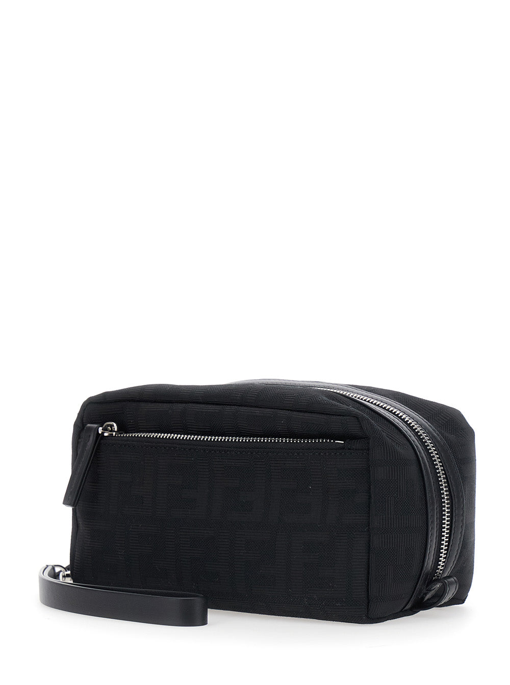 Fendi Men Black Clutch With Adjustable And Removable Shoulder Strap And Two Zip Pockets In Black Ff Canvas For Men