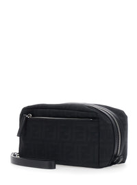 Fendi Men Black Clutch With Adjustable And Removable Shoulder Strap And Two Zip Pockets In Black Ff Canvas For Men