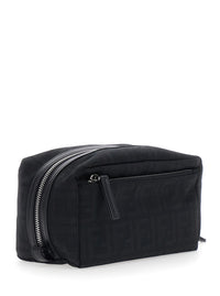 Fendi Men Black Clutch With Adjustable And Removable Shoulder Strap And Two Zip Pockets In Black Ff Canvas For Men